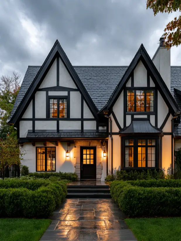 Modern Tudor at dusk with glowing black-framed windows across twin gables and lit lanterns