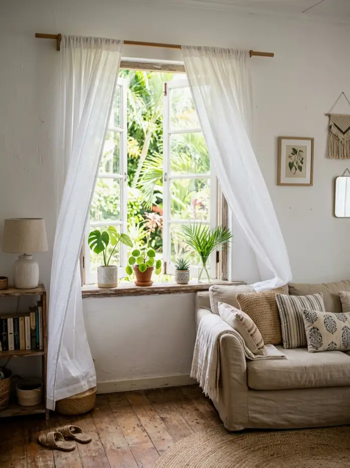 Open window with plants on the sill and a tropical view bringing cross-ventilation into a small living room