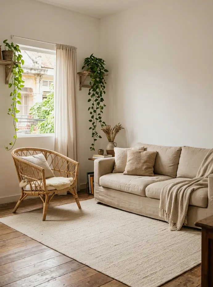 Natural bamboo blinds and a linen sofa in a humid-climate apartment living room