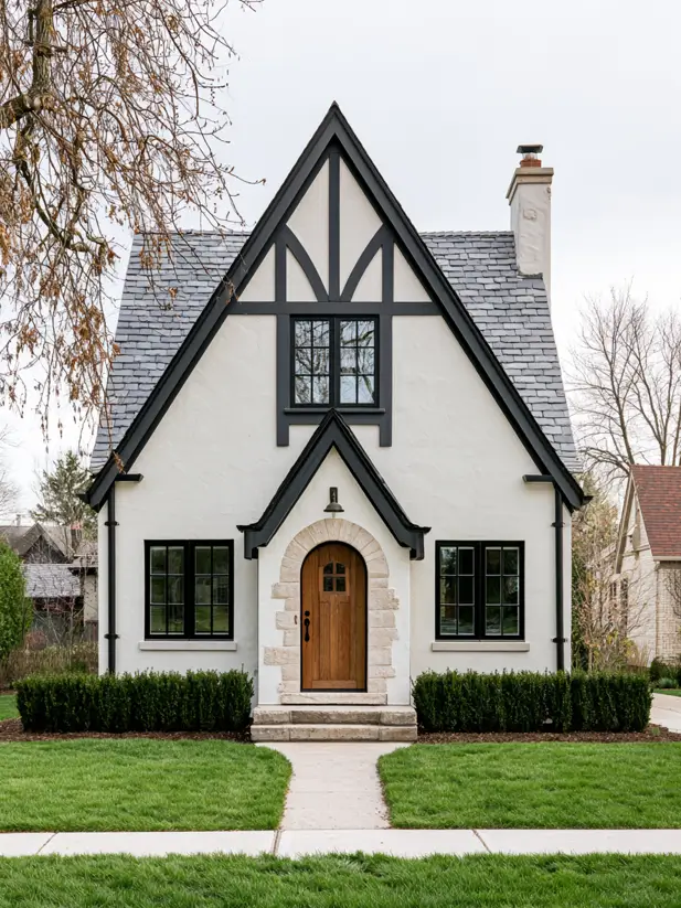 Small modern Tudor cottage with a steep gable, black timber and an arched wood door