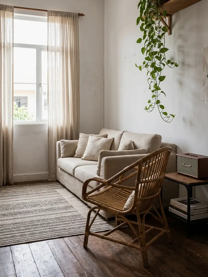 Wooden ceiling fan above a linen sofa keeping air moving in a cozy humid-climate living room