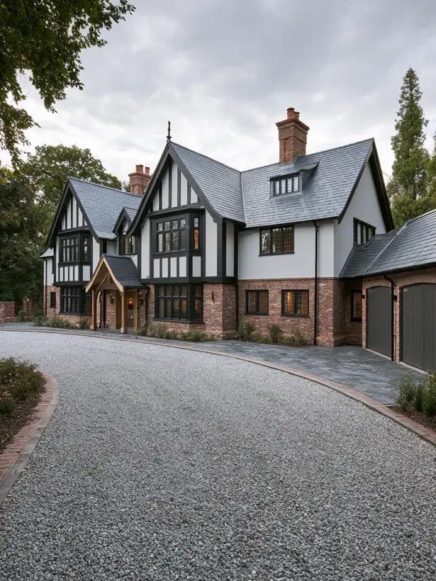 White modern Tudor down a gravel drive with a brick base and timber entry porch