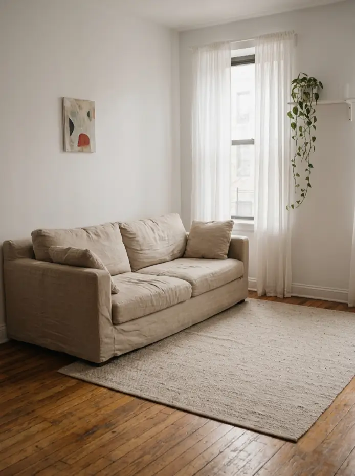 Deep green velvet sofa with trailing pothos and humidity-loving plants in a small living room