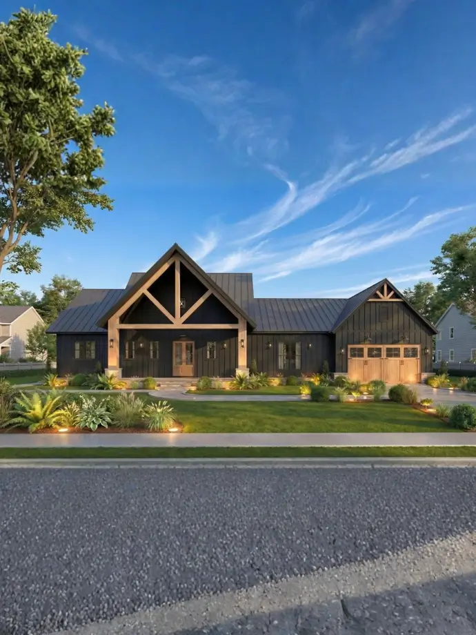 Black modern farmhouse exterior with board-and-batten siding, cedar truss gable and matching timber garage doors