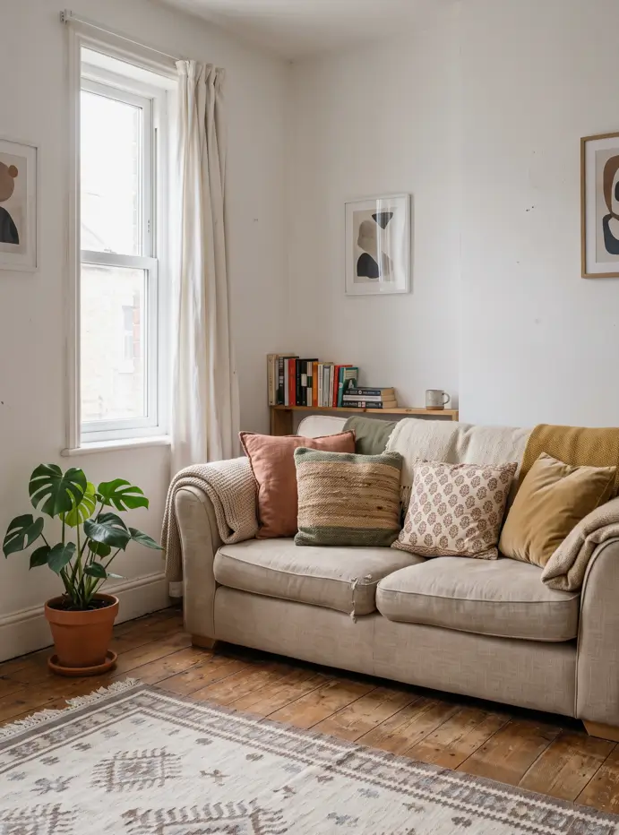 Plants raised on wall shelves beside a rattan chair to keep damp off the floor in a small living room