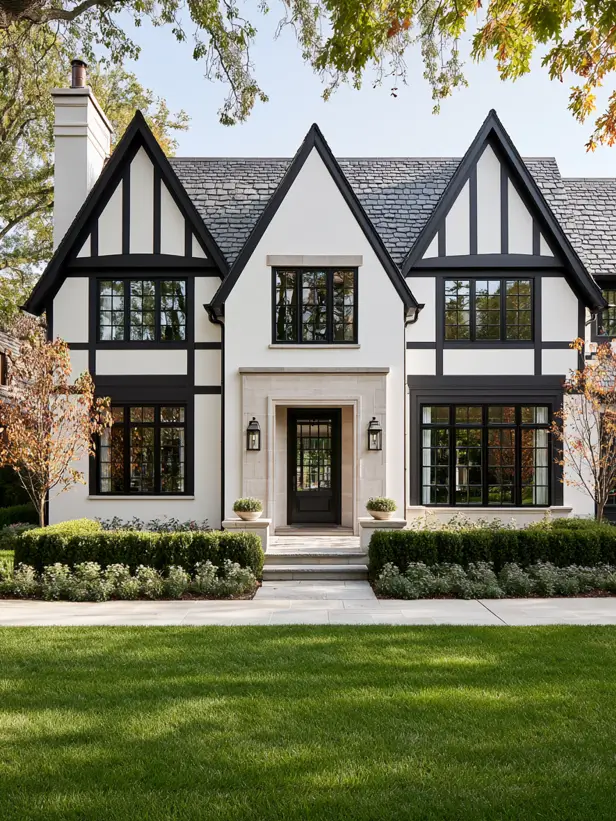 Modern Tudor with a symmetrical facade and clipped boxwood parterre landscaping