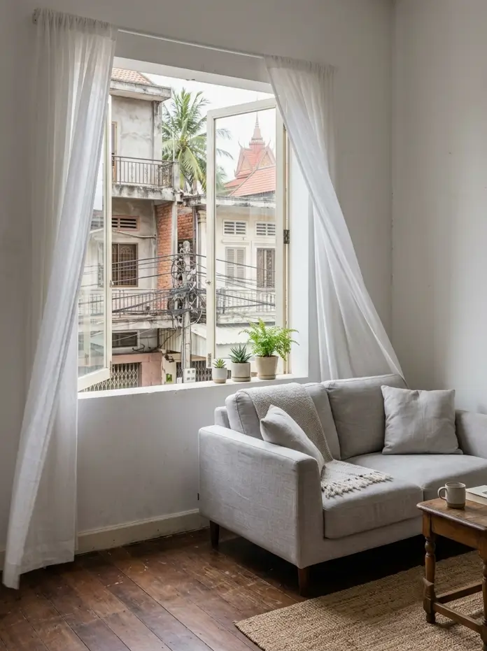 Trailing pothos climbing the wall above a sofa in a small tropical apartment living room