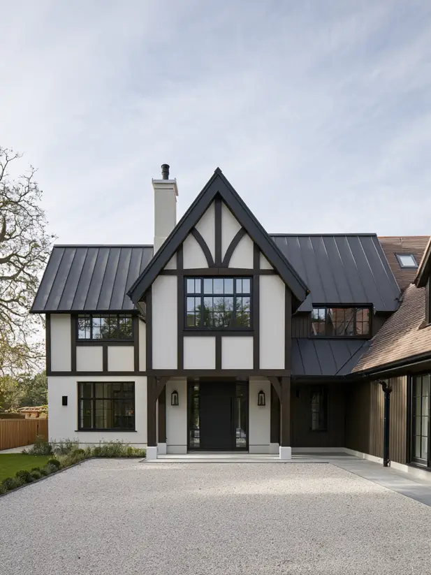 Modern Tudor with white stucco, a black standing seam metal roof and a dark timber gable