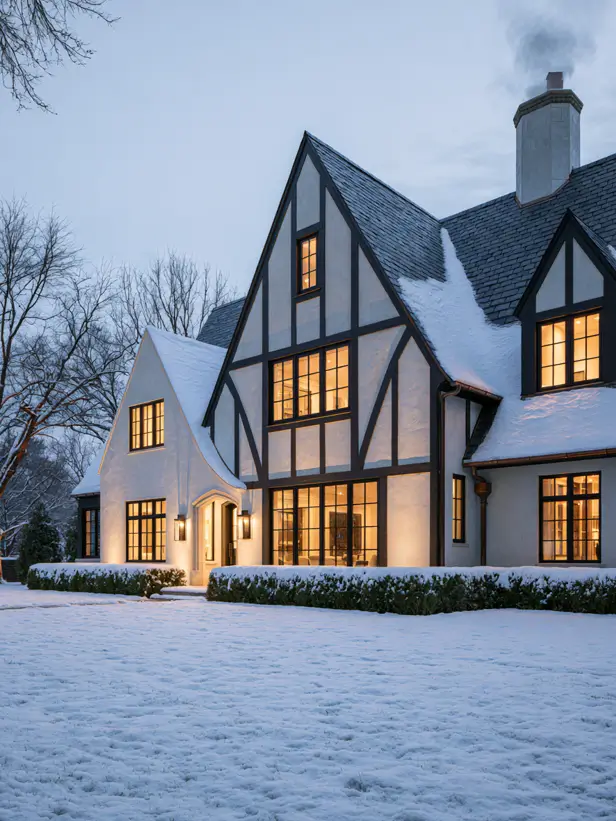 Modern Tudor at twilight in snow with glowing windows and a completed renovation