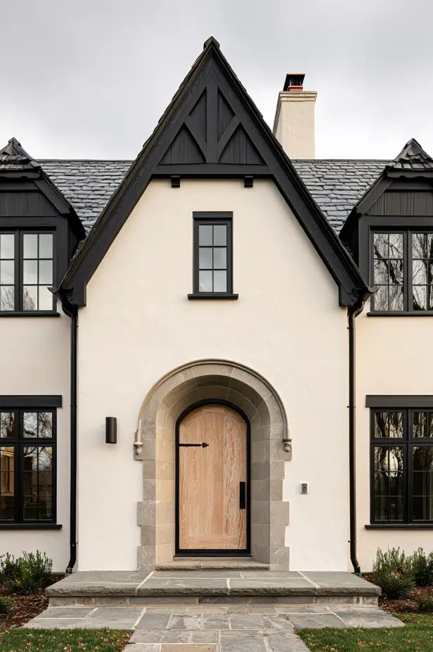 Brick-based modern Tudor with multiple chimneys and an attached garage wing