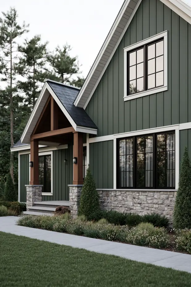Modern farmhouse with smoky jade Hidden Gem Behr N430-6A exterior paint and natural wood portico, a top pick for current 2026 exterior paint color trends.