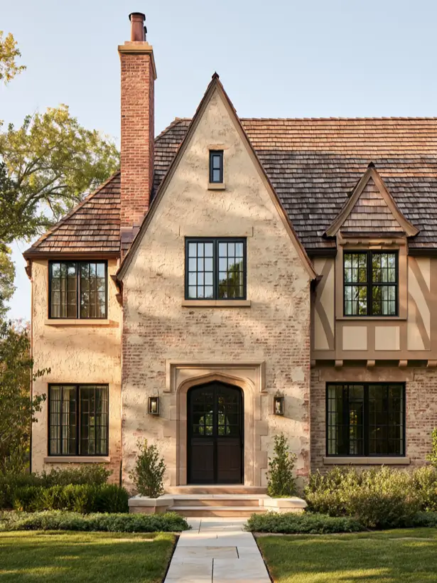 Tudor exterior in cream brick with a cedar-shake roof, black windows and a brick chimney