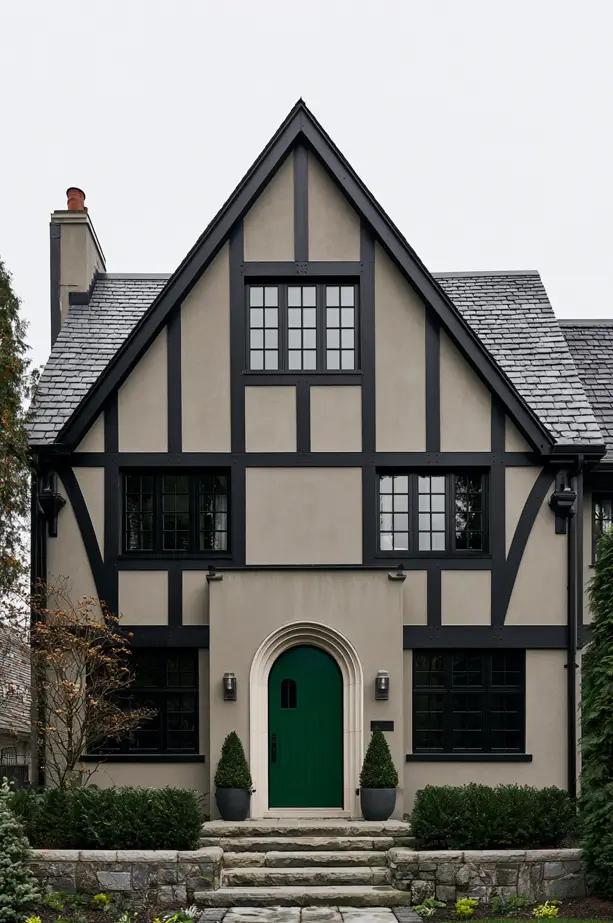 Greige modern Tudor with black half-timbering and a bold green arched front door