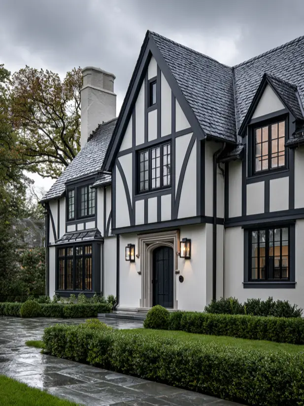 Modern Tudor at dusk with a lit facade, glowing windows and wet flagstone paving