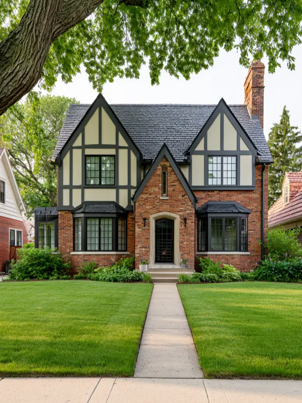 Modern Tudor with a black timber gable and a raw oak arched door in a carved stone surround