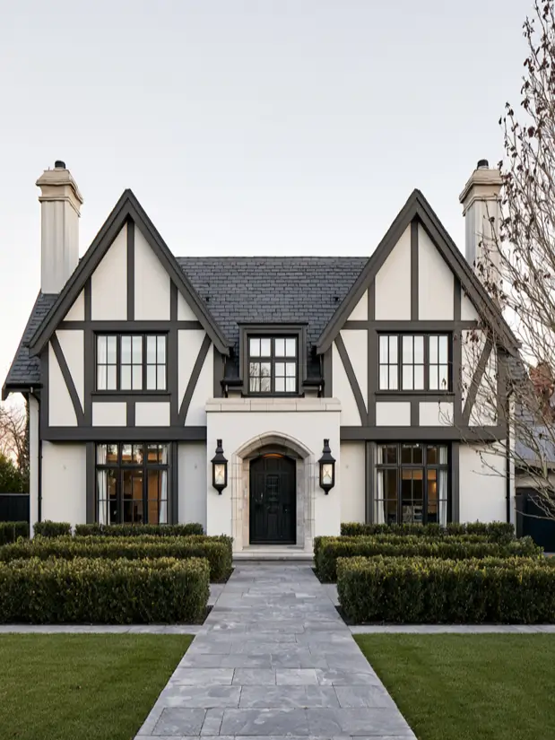 Symmetrical white-and-black modern Tudor with twin chimneys and a bluestone walk