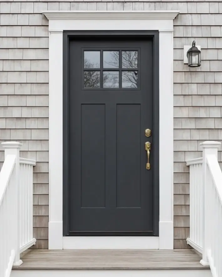 Charcoal gray craftsman front door with six-pane window and brass hardware, set in white trim against cedar shingle siding.
