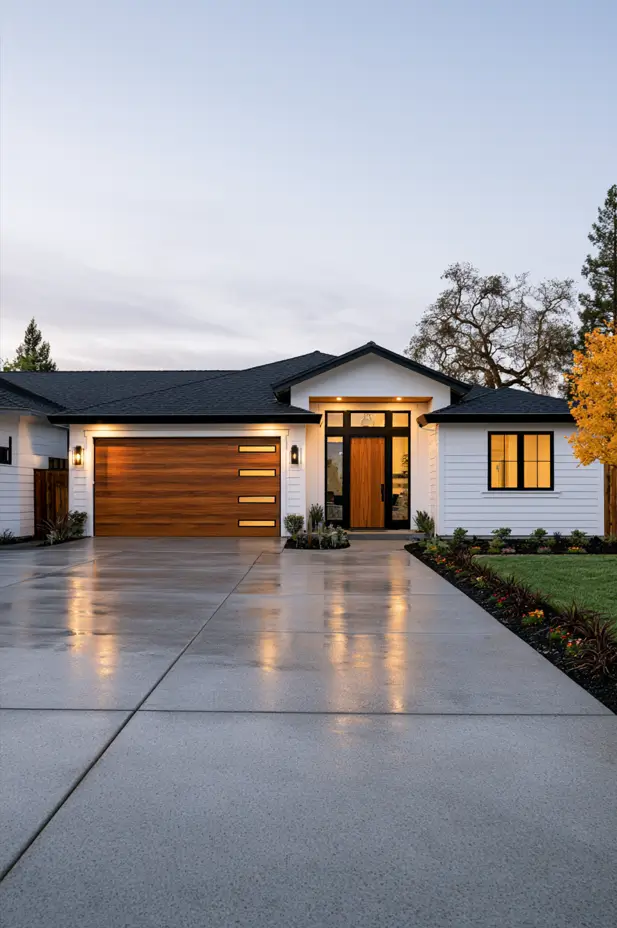 Single-story white modern ranch at dusk with a warm wood-plank garage door, matching wood entry, black windows, and hip roof