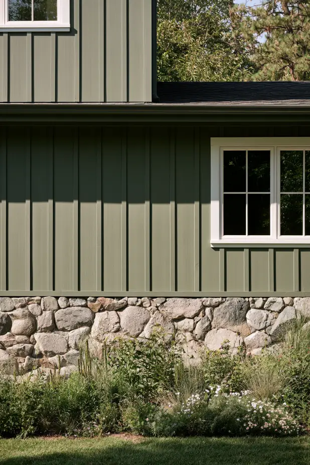 Olive sage green board-and-batten house exterior with natural fieldstone foundation