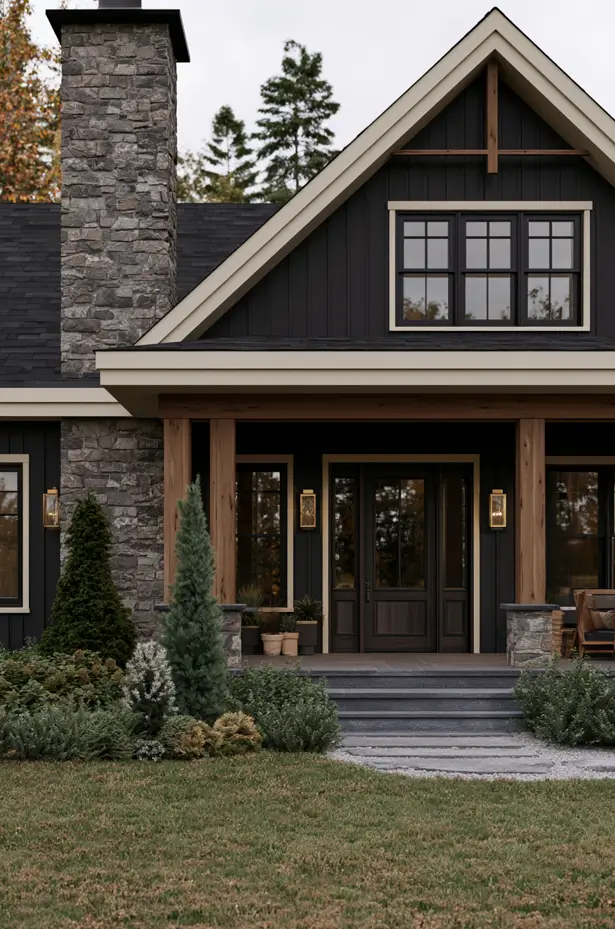 Modern farmhouse featuring Silhouette Benjamin Moore AF-655 warm black siding illustrating popular 2026 exterior paint color trends.