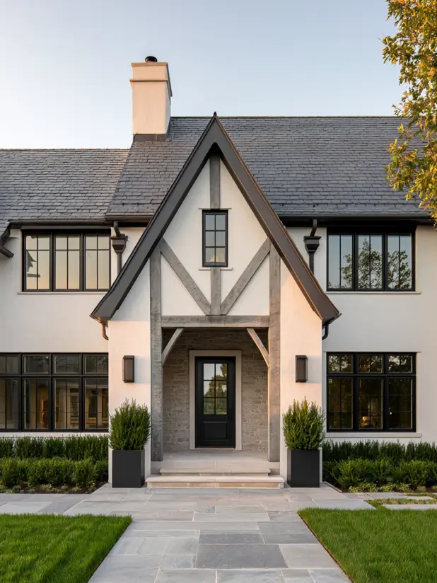 Modern Tudor with a timber entry portico and large black steel glazing on either side