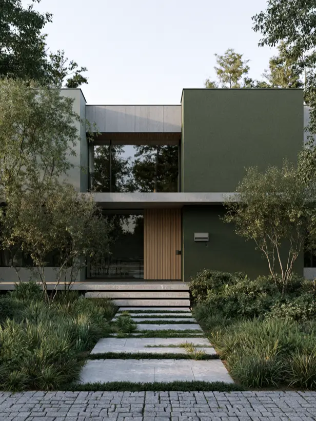 Dark sage green modern house exterior with flat roof and warm wood door