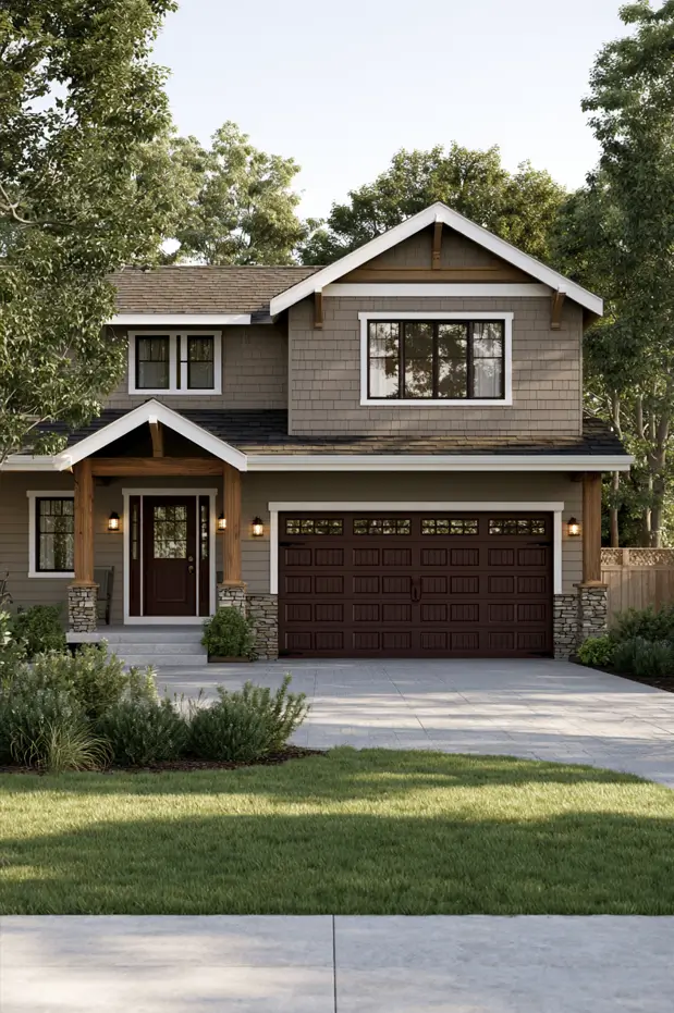 Greige home featuring Warm Mahogany PPG1060-7 on the garage and front door highlighting modern exterior paint color trends.