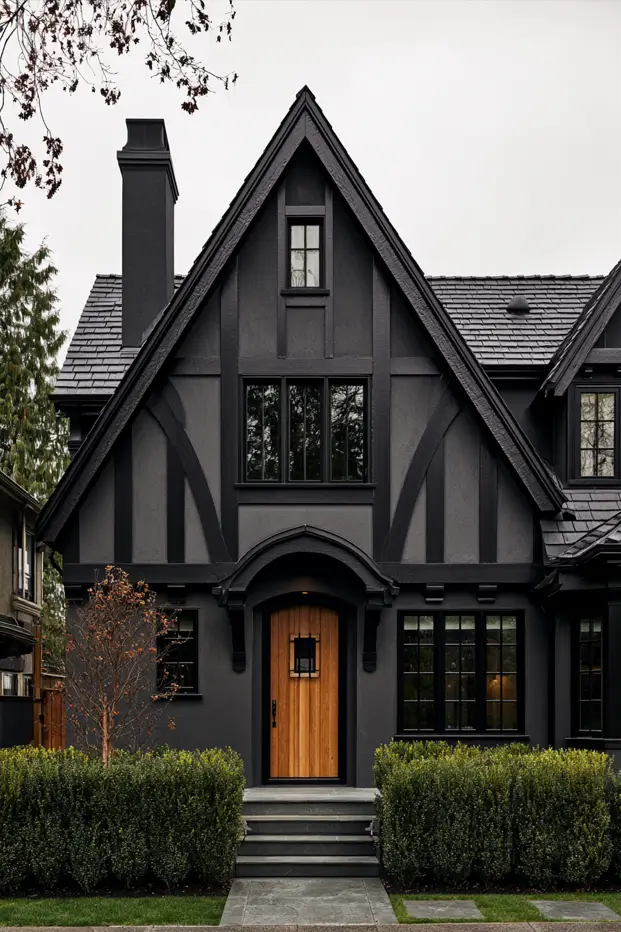 Near-black modern Tudor exterior with a warm wood arched front door and clipped hedges