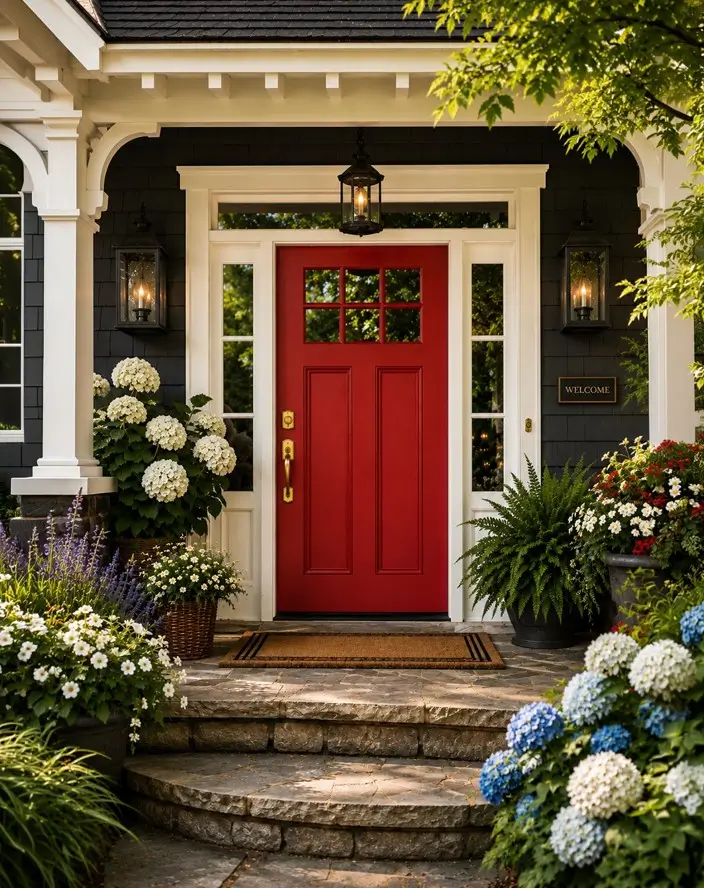 Bright red craftsman front door with six-pane window and brass handleset, framed by white trim, dark shingles, and hydrangeas.