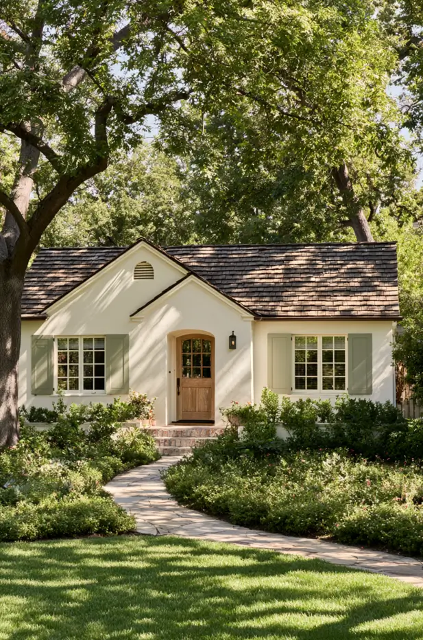 Cottage home featuring Melodious Ivory Dutch Boy 313-2DB siding alongside sage shutters displaying modern exterior paint color trends.