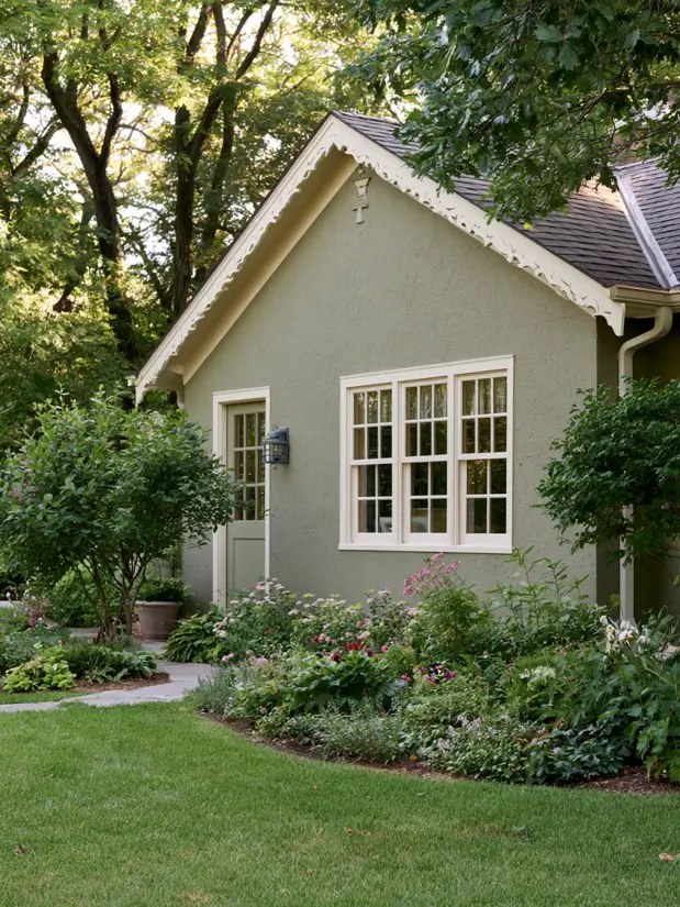 Light sage green stucco cottage exterior with cream trim and decorative gable