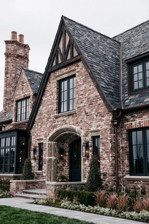 Reclaimed red brick modern Tudor with a slate roof, dark timber gable and arched stone entry