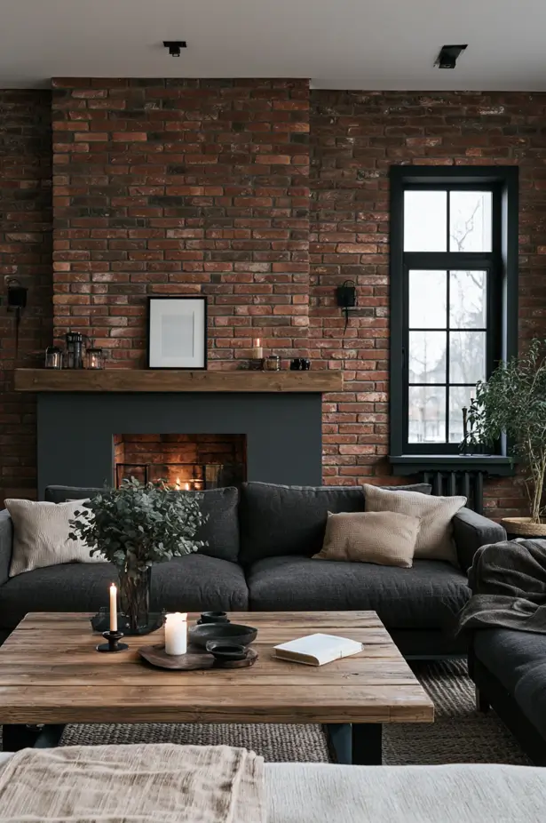 Charcoal Fireplace Wall — Charcoal paint on the fireplace surround anchors this exposed brick wall,