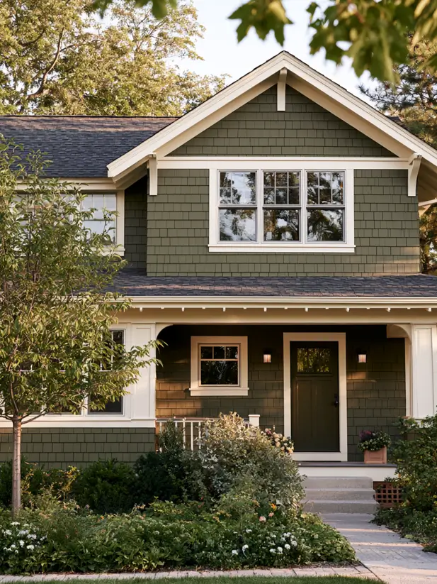 Deep olive sage green cedar shingle craftsman house exterior with cream trim and black door