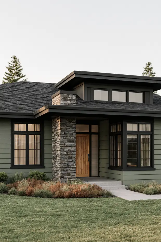 Single-story sage-green ranch with black windows, a stacked-stone entry column, wood door, and horizontal clerestory band
