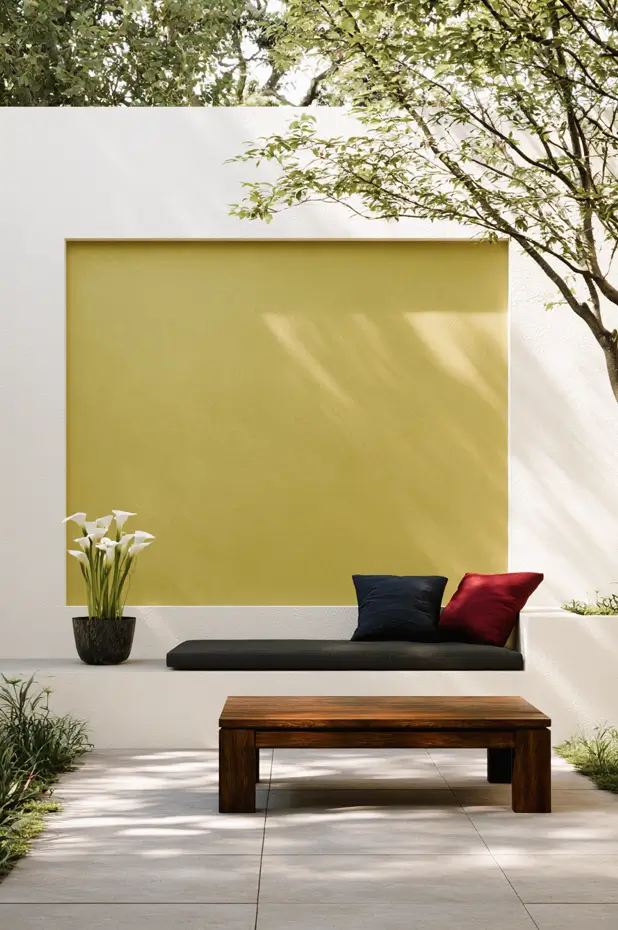 Modern courtyard wall featuring a Secret Safari PPG PPG1110-4 yellow-green painted accent.
