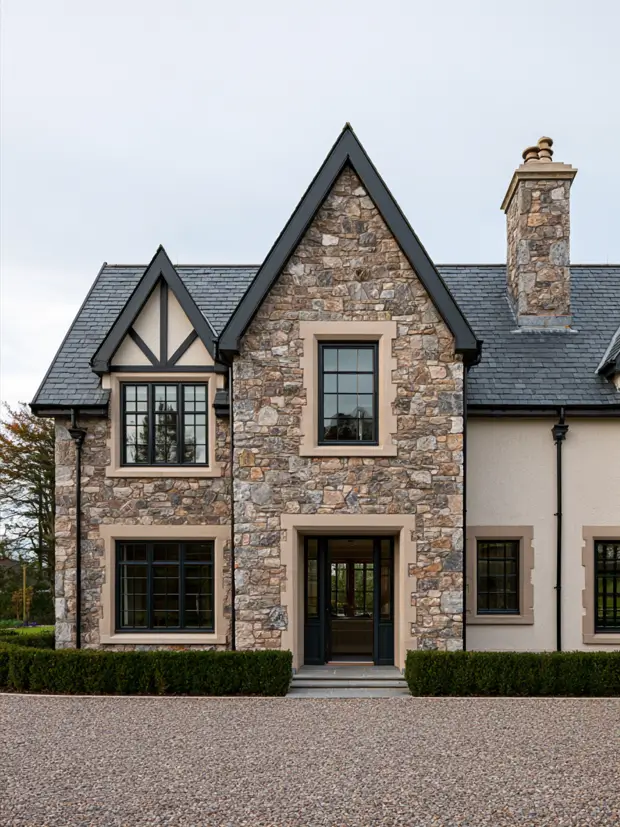 Stone modern Tudor with tan window surrounds, black windows and a gravel forecourt
