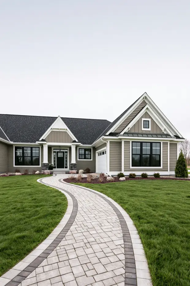 Single-story greige modern ranch with a curved paver walkway, charcoal border, black windows, stone entry base, and gables