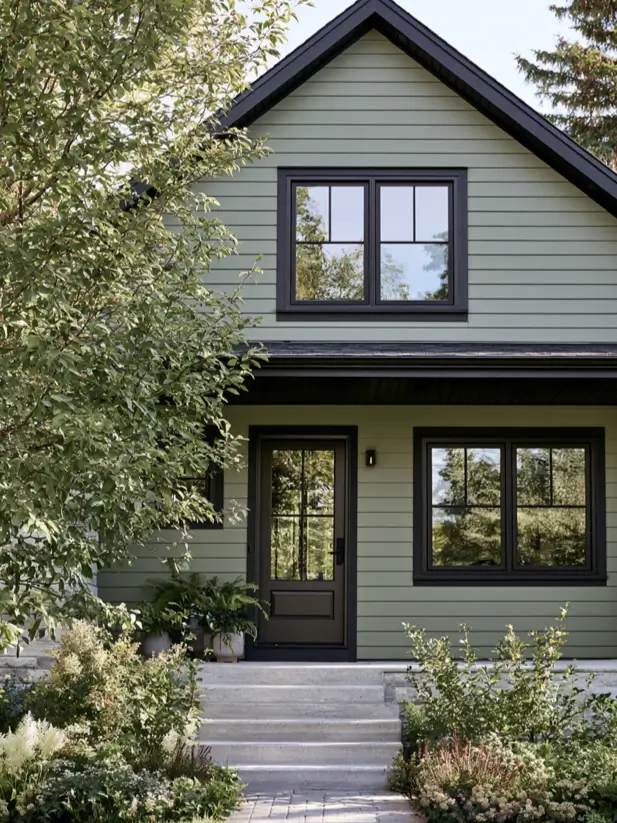 Light sage green house exterior with black windows, black door and lap siding