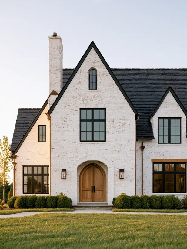 White limewashed brick modern Tudor with black windows and a natural wood arched door