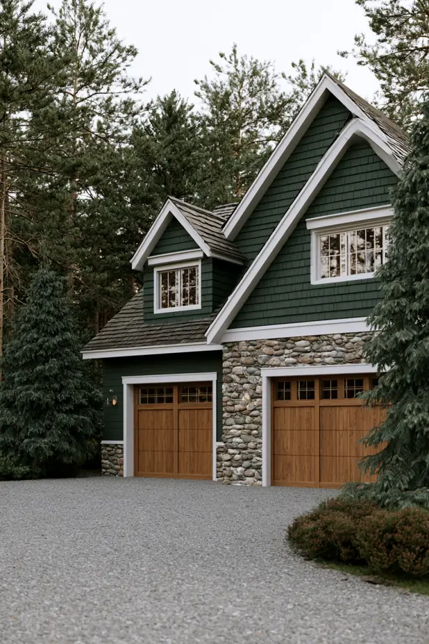 Deep forest green house siding featuring rustic stone masonry and natural wood garage doors reflecting current exterior paint color trends.