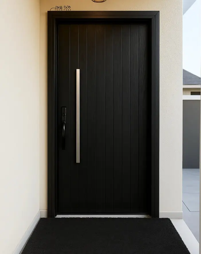 Modern matte black plank front door with long brushed-steel pull handle against warm cream stucco entry.