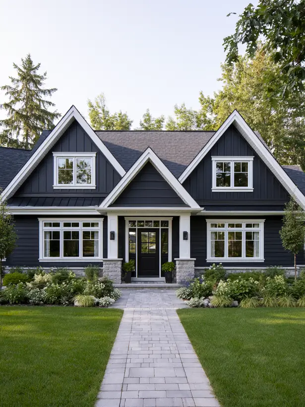 Black and white Craftsman house exterior with board-and-batten siding, white gable trim and a stone base