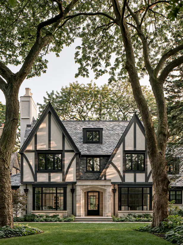 Tree-framed grey modern Tudor with a slate roof and symmetrical half-timbered gables