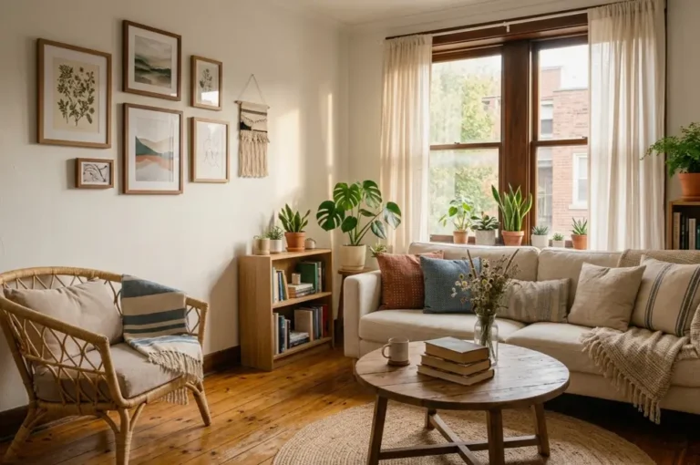 Cozy small apartment living room designed for a humid climate with a linen sofa, sheer curtains, and potted plants