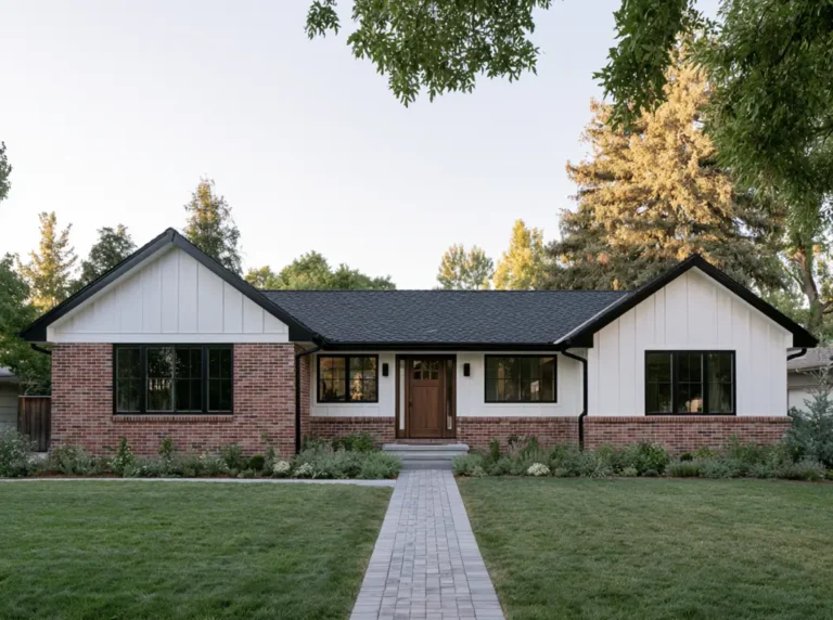 Single-story modern ranch house exterior with red brick, white board-and-batten, black windows, wood door, paver walkway