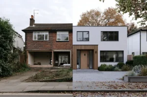 Side-by-side exterior home renovation comparison showing an older red brick property during structural construction next to the completed modern design featuring a flat roof, crisp white stucco, and natural wood entrance cladding.